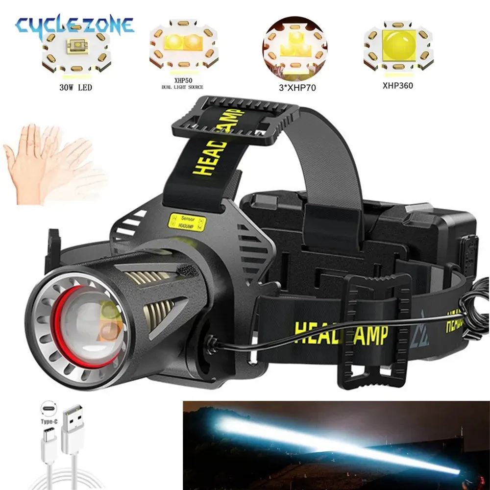 CYCLEZONE USB Rechargeable Headlamps H6 LED Waterproof 18650 Battery Torch Fishing Outdoor Camping Lantern Sensor Headlight