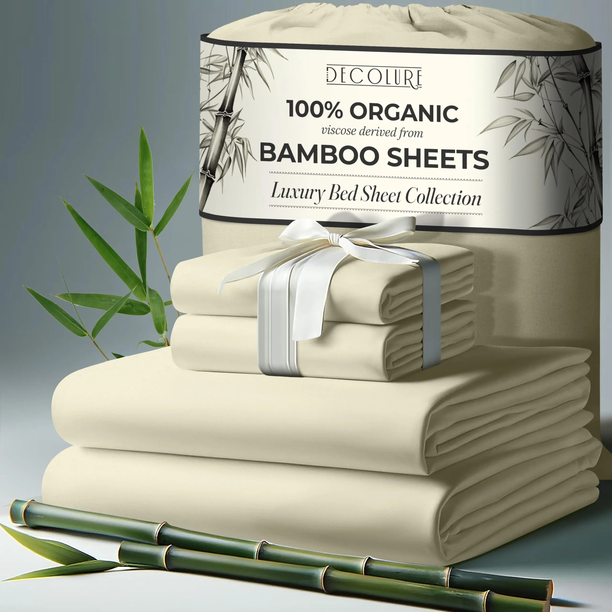 DECOLURE 100% Organic Viscose Derived from Bamboo Sheets Cal King Size 4pcs - Ultra Soft & Luxuriously Cooling, 17" Deep Pocket, Double Stitching, Perfect for Hot Sleepers - King Bed Sheets (Creme)