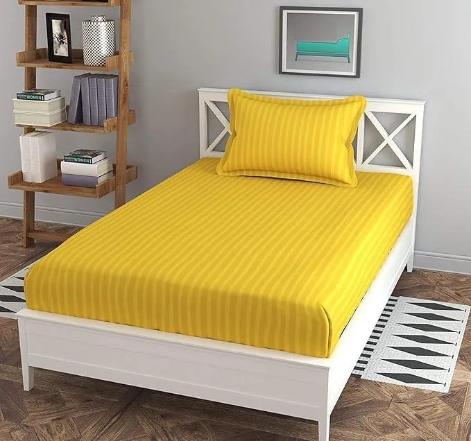 DECOR2ADMIRE 300 TC Glace Cotton All Round Elastic Fitted Plain Stripe Single Bedsheet with 1 Pillow Cover for Home Pg Room Hotels Hostels Fits up to 6 inches Mattress (60" x 90") (Yellow)