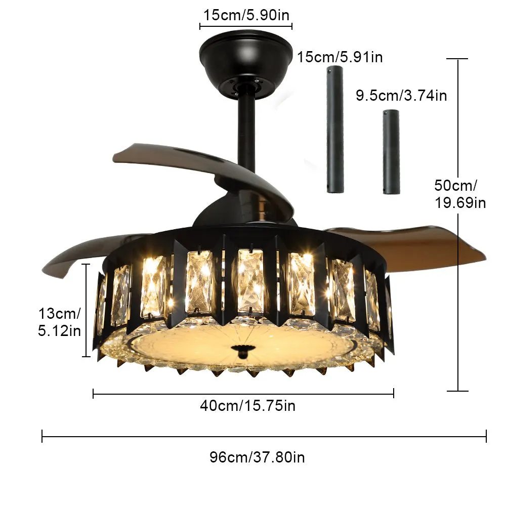 Depuley LED Crystal Ceiling Fans with Light, 27W Ceiling Fan Lights with Remote, Industrial Ceiling Fan Lighting with Retractable Blades for Bedroom, Black Ceiling Fan Light Kit, 3 Wind Speeds, 2 Adjustable Height, 4 Timing