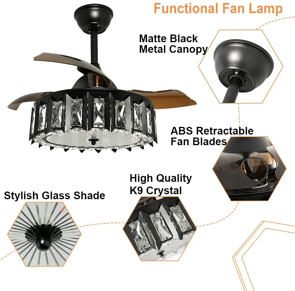 Depuley LED Crystal Ceiling Fans with Light, 27W Ceiling Fan Lights with Remote, Industrial Ceiling Fan Lighting with Retractable Blades for Bedroom, Black Ceiling Fan Light Kit, 3 Wind Speeds, 2 Adjustable Height, 4 Timing