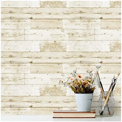 Distressed Wood Wallpaper Off White/Pale Brown 17.7in x 32.8ft