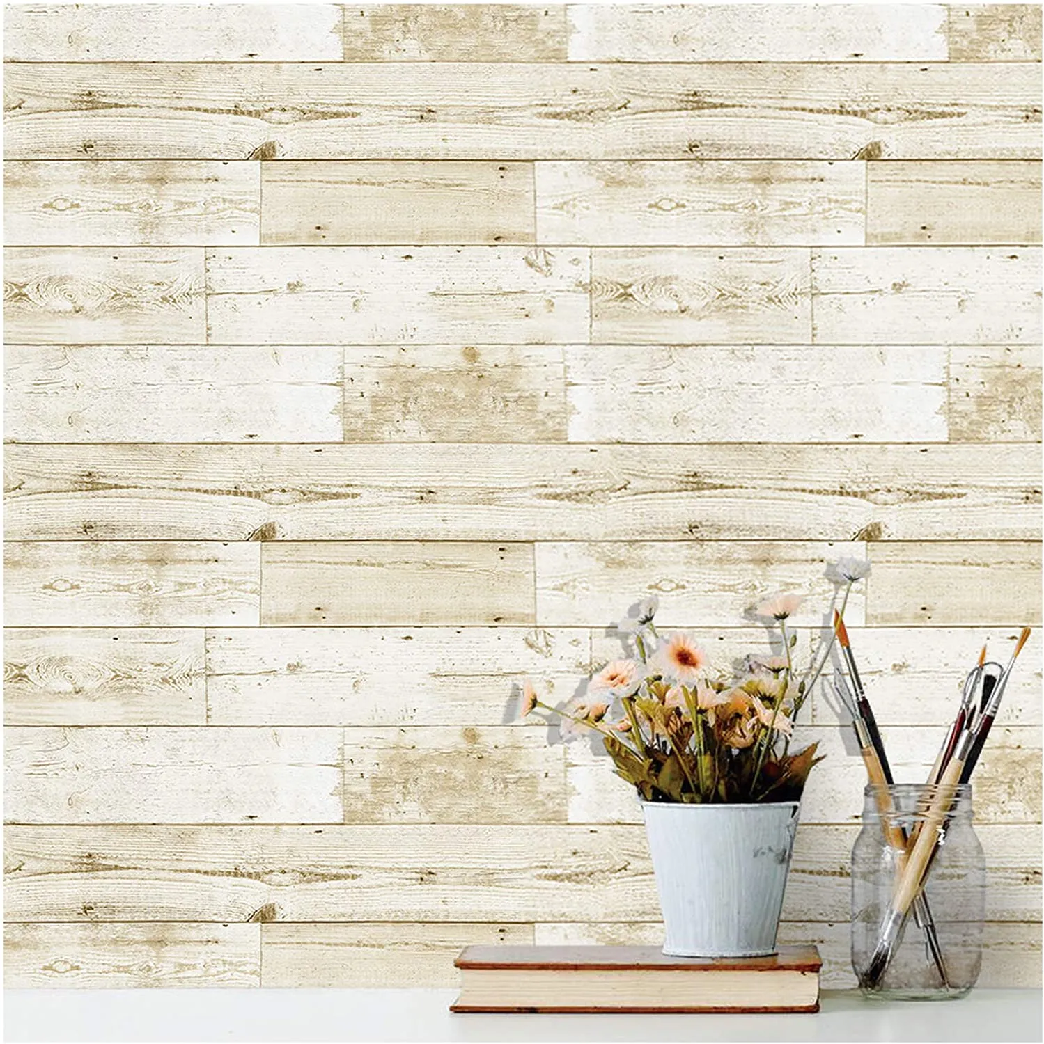 Distressed Wood Wallpaper Off White/Pale Brown 17.7in x 32.8ft