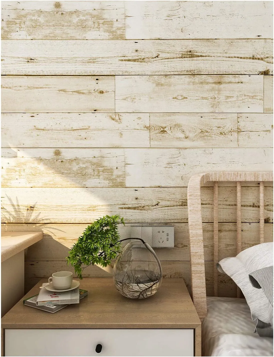 Distressed Wood Wallpaper Off White/Pale Brown 17.7in x 32.8ft