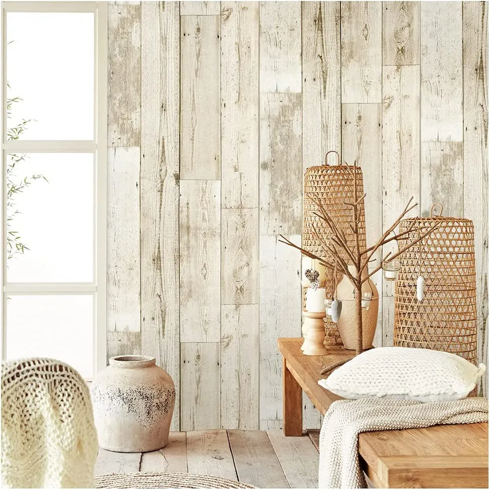 Distressed Wood Wallpaper Off White/Pale Brown 17.7in x 32.8ft