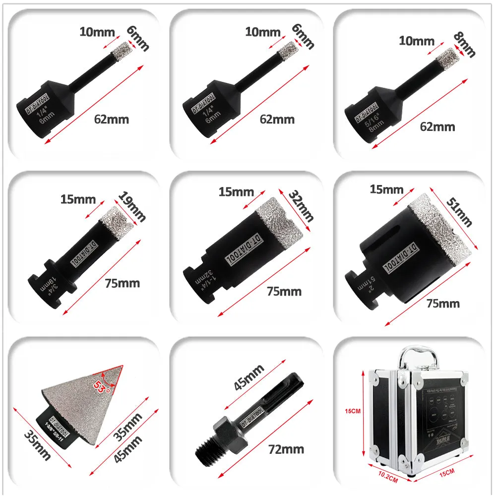 DT-DIATOOL  Diamond Drill Bits with box 5/8"-11 Thread 8pcs Dia 6/6/8/19/32/51mm 35mm Chamfer Bit SDS Aapter for Tile Granite Marble Vacuum Brazed  Holes Core Bits