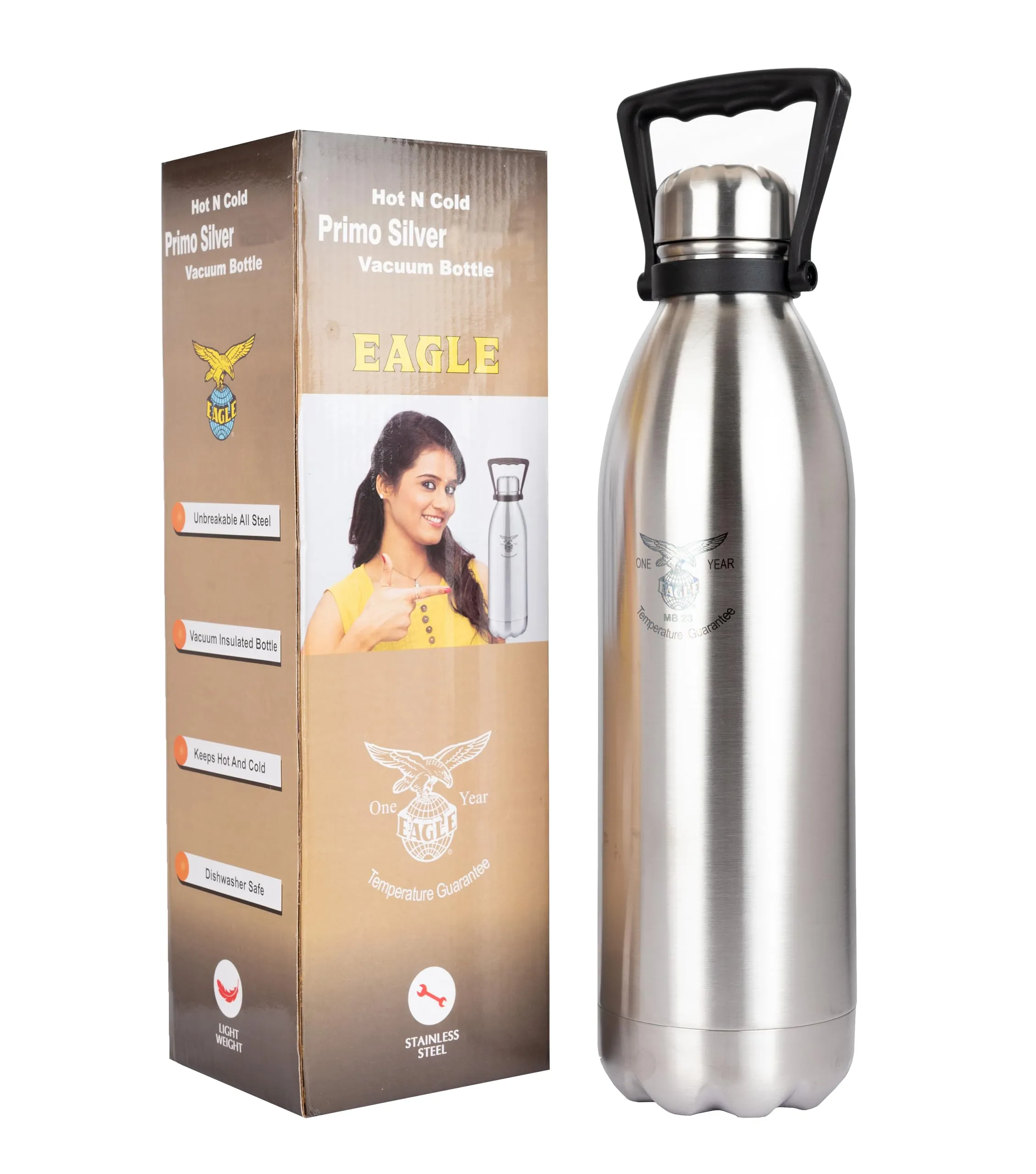 Eagle Primo Silver Stainless Steel Vacuum Insulated Flask with Handle 1900ml| Hot and Cold Water Bottle with Screw lid | Double Walled Silver Bottle for Home, Office, Travel