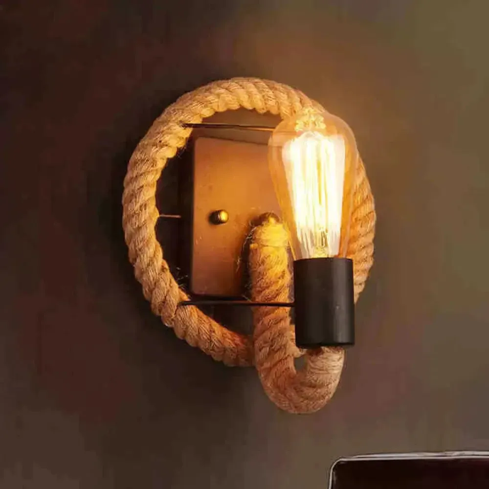 Farmhouse Brown Wall Lamp with Rope Wrap - Oval/Round Dining Room Light