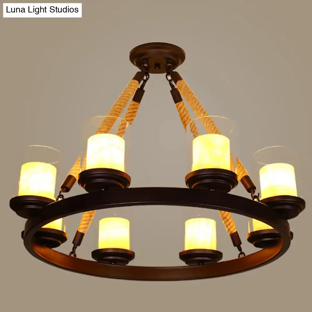 Farmhouse Cylindrical Suspension Lamp: Clear Glass Chandelier with Rope Arm