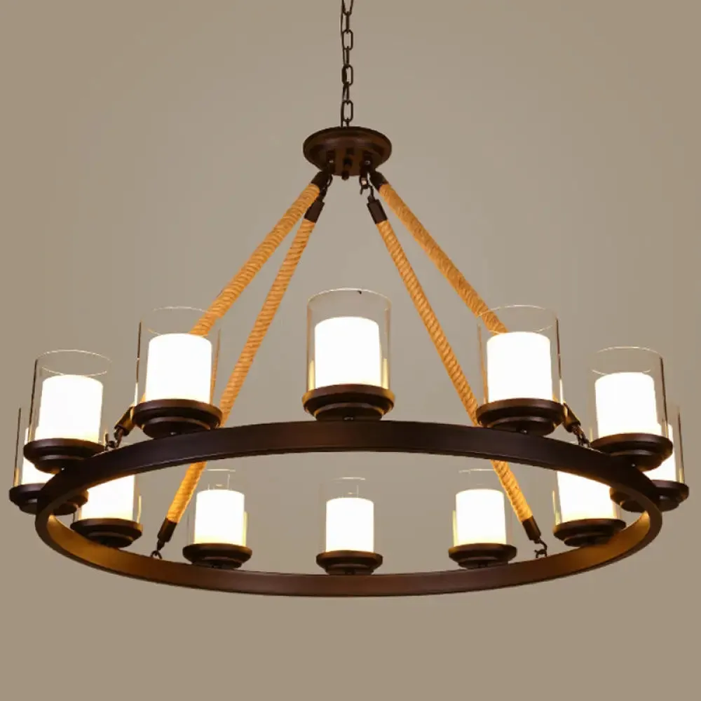 Farmhouse Cylindrical Suspension Lamp: Clear Glass Chandelier with Rope Arm