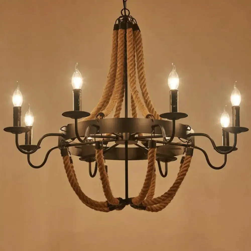 Farmhouse Rope Basket Chandelier - Brown, 6/8 Bulbs, Living Room Ceiling Pendant