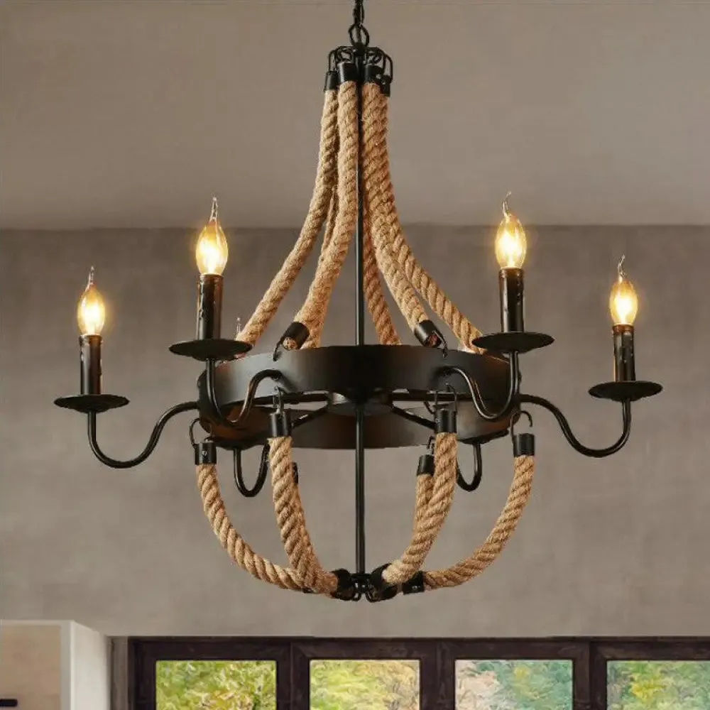 Farmhouse Rope Basket Chandelier - Brown, 6/8 Bulbs, Living Room Ceiling Pendant