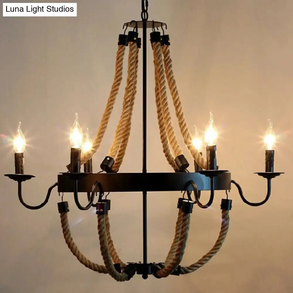 Farmhouse Rope Basket Chandelier - Brown, 6/8 Bulbs, Living Room Ceiling Pendant