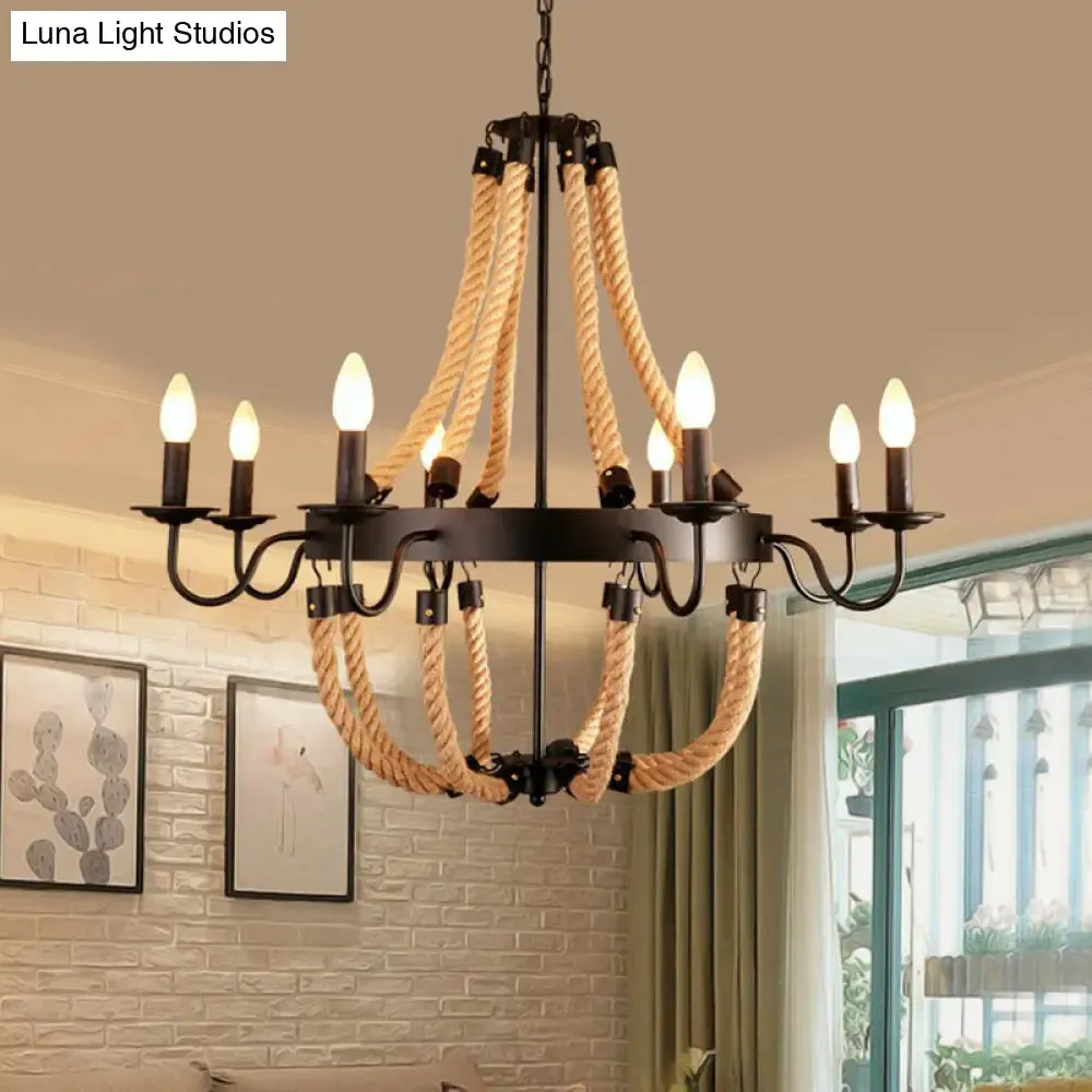 Farmhouse Rope Basket Chandelier - Brown, 6/8 Bulbs, Living Room Ceiling Pendant