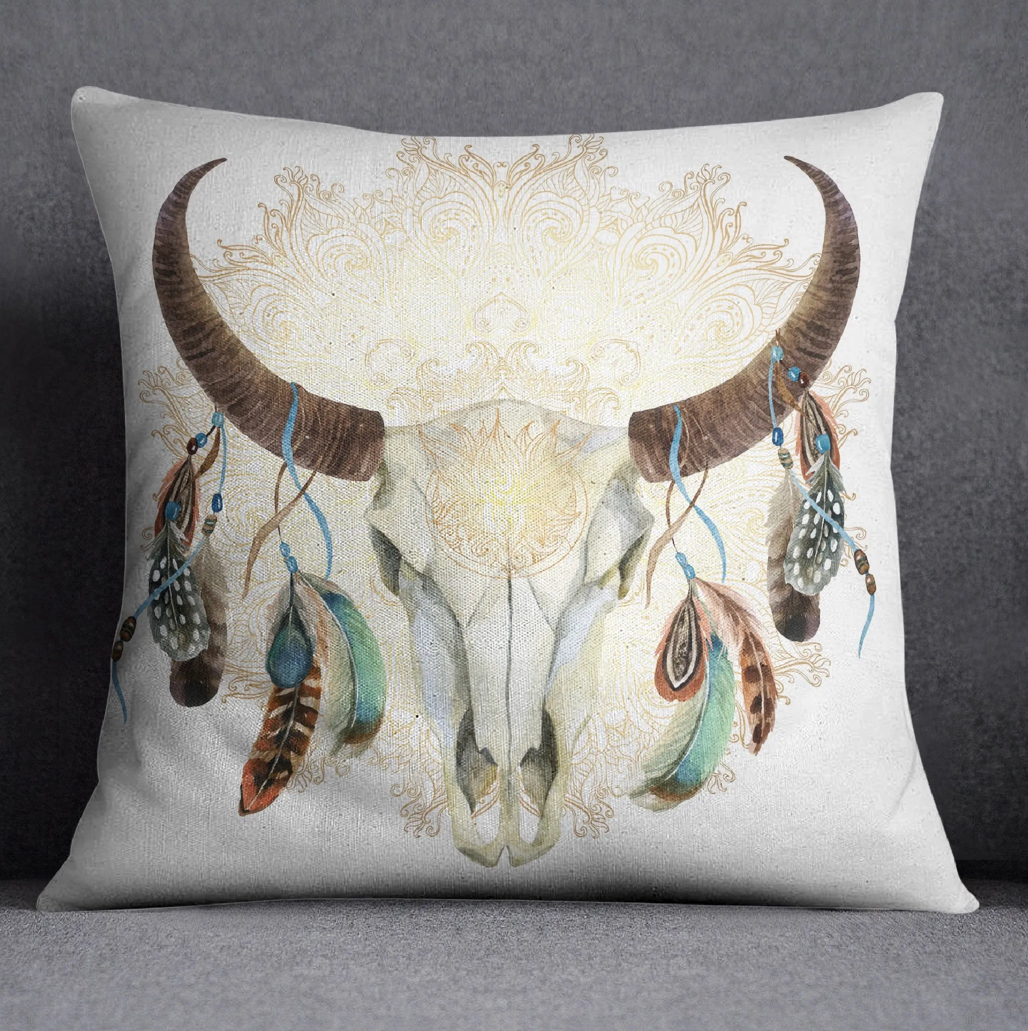 Fire Mandala Boho Feather Cow Skull Throw Pillow