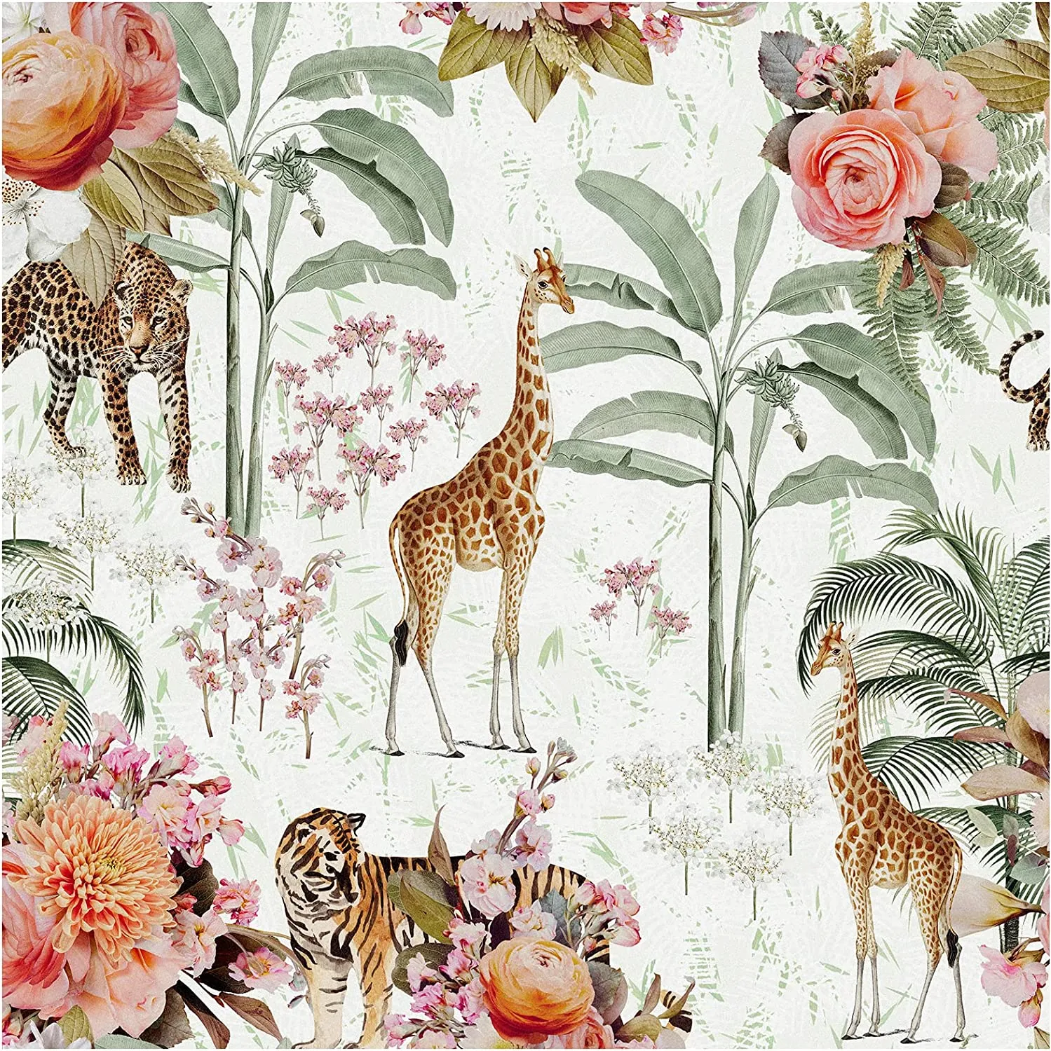 Floral Wallpaper Jungle Animal Self Adhesive 17.7in x 9.8ft