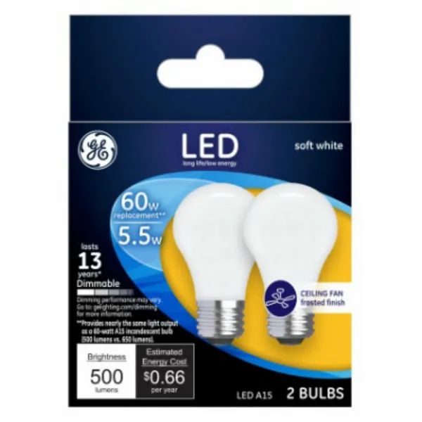 GE 25986 Medium-Base A15 Frost Dimmable Ceiling Fan LED Bulb, White, 5.5W, 2-Pk