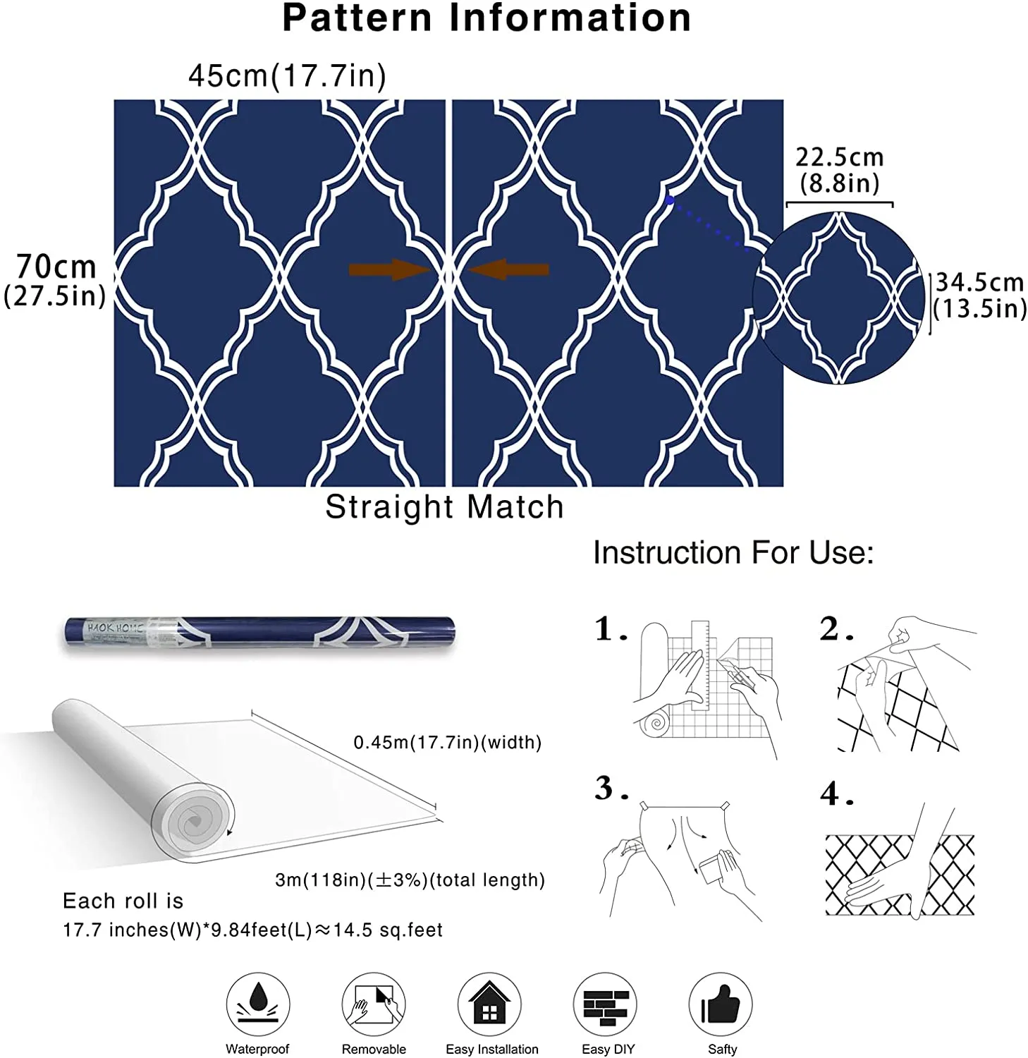 Geometric  Wallpaper Trellis Navy/White 17.7in x 9.8ft