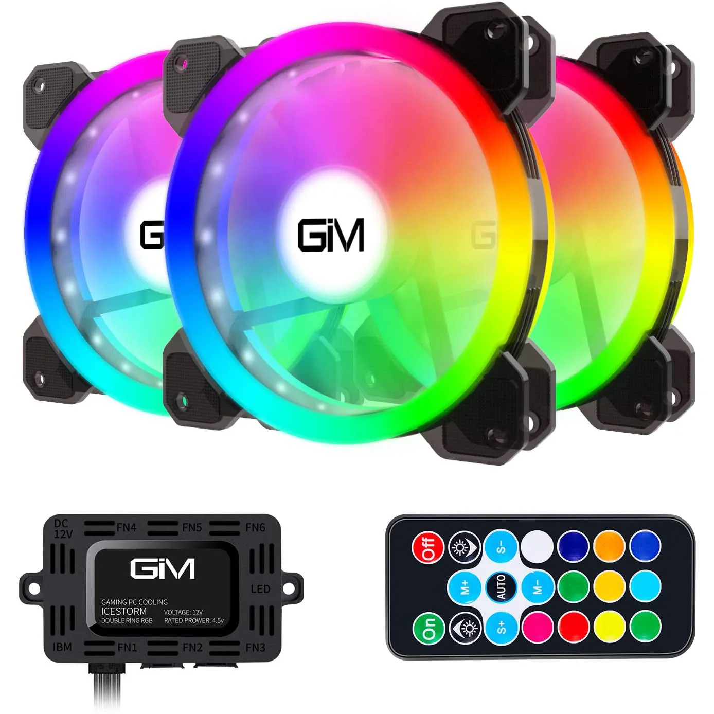 GIM RGB 120 mm Fan Case Fan Pack of 3 PC Quiet Lighting Modes Music Rhythm 5v ARGB with Remote Control Speed Adjustable SATA Connection