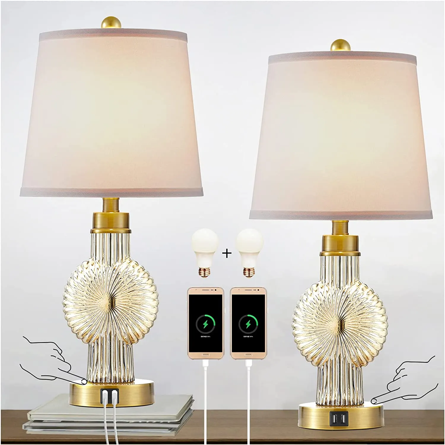 Glass Table Lamp Farmhouse Set of 2 with Touch Control