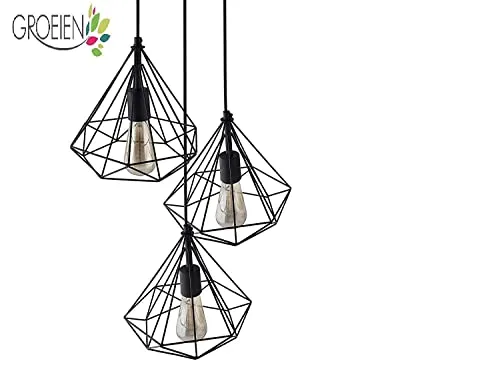 Groeien 3 Lights Cluster Chandelier Diamond Hanging Pendant Light With Braided Cord, Black, Round , Metal