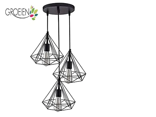 Groeien 3 Lights Cluster Chandelier Diamond Hanging Pendant Light With Braided Cord, Black, Round , Metal