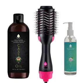 Hair Strengthening Bundle: Pursonic Fractionated Coconut Oil, One-Step Hair Dryer & Volumizer Brush, and Cold-Pressed Castor Oil