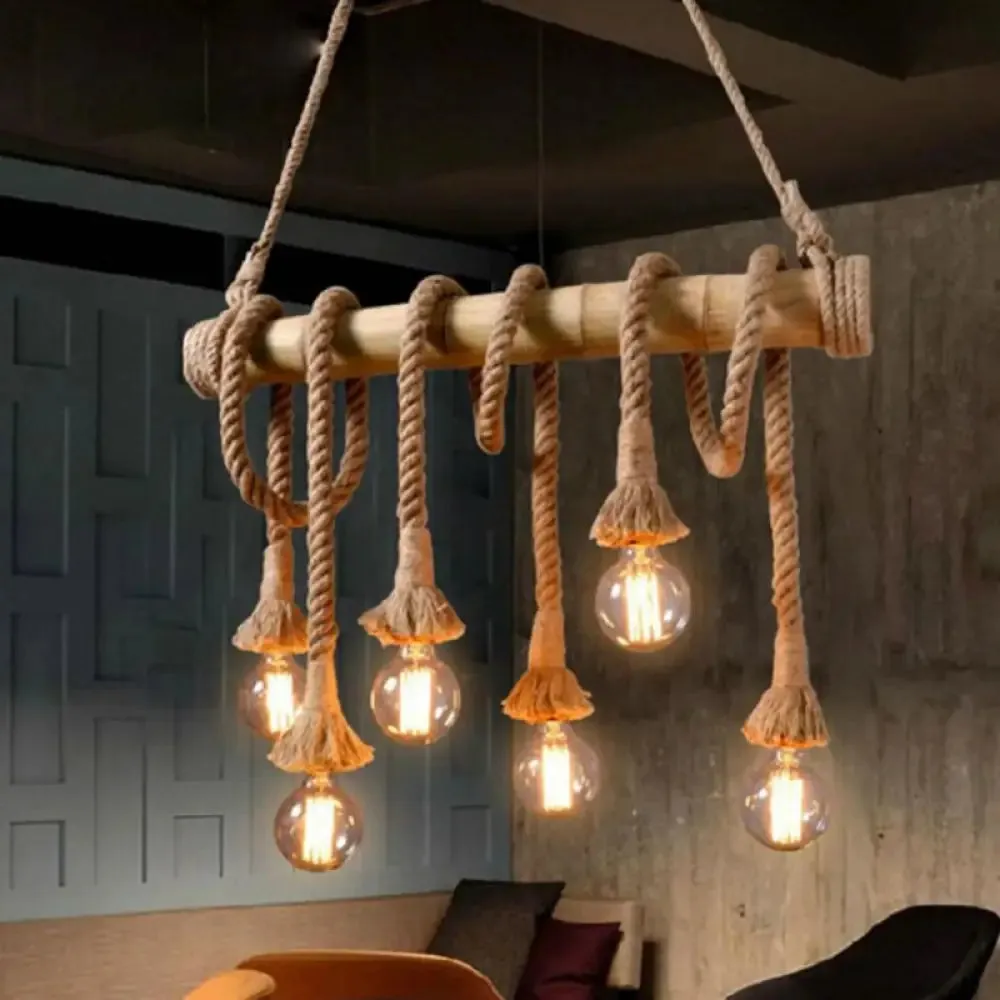 Hemp Rope Pendant Lamp - Industrial Style Beige - Linear over Island Lighting