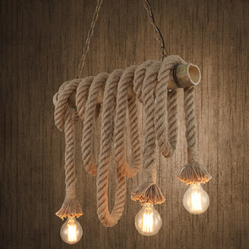 Hemp Rope Pendant Light: Industrial Island Lighting with Bamboo Tube in Flaxen