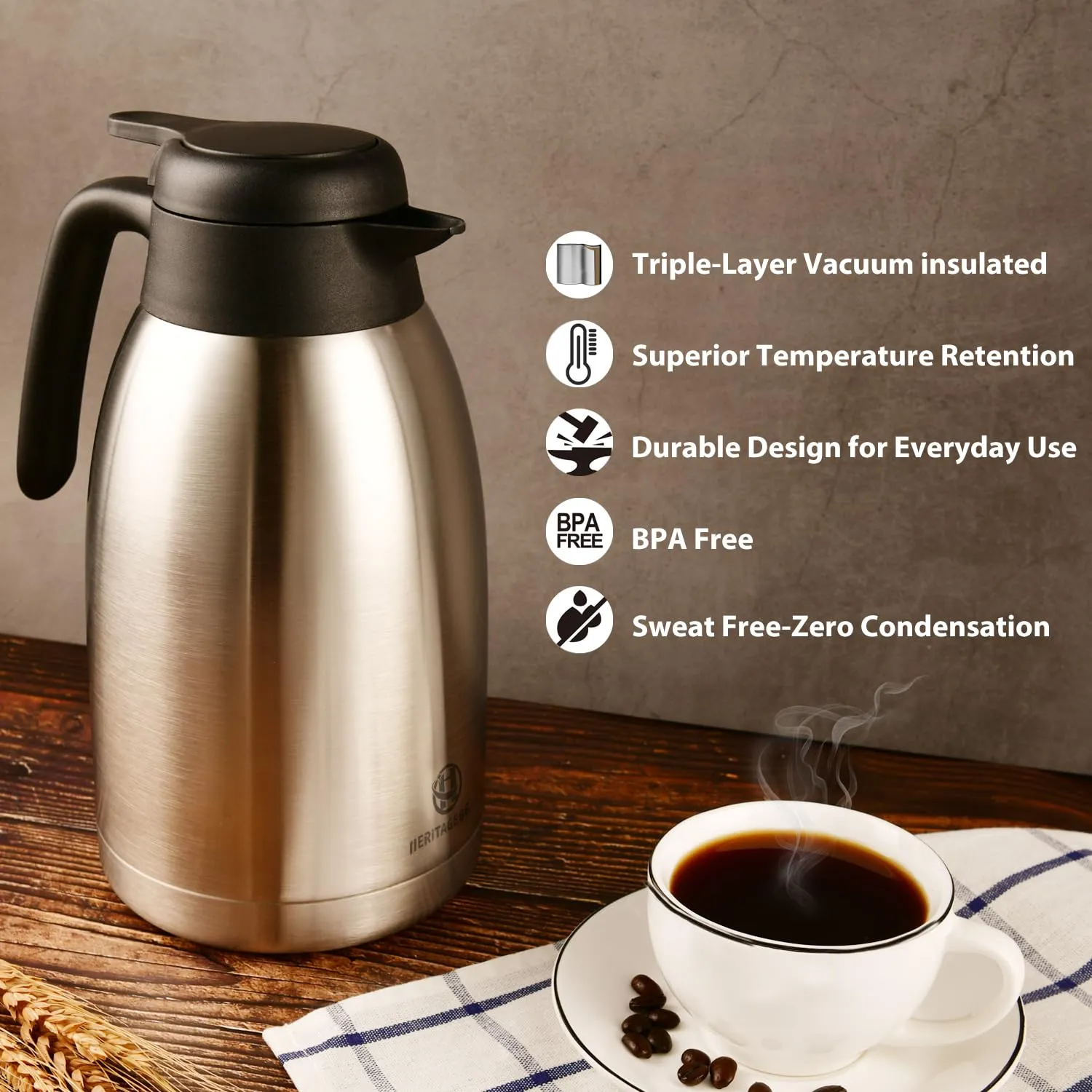 Heritage66 Thermal Coffee Carafe -Triple Wall Vacuum insulated Flask- Thermos keeping Beverages Hot for 12 hours /24 hours cold Tea, Water, and Coffee Dispenser (2 Liter/68Oz with Brush)