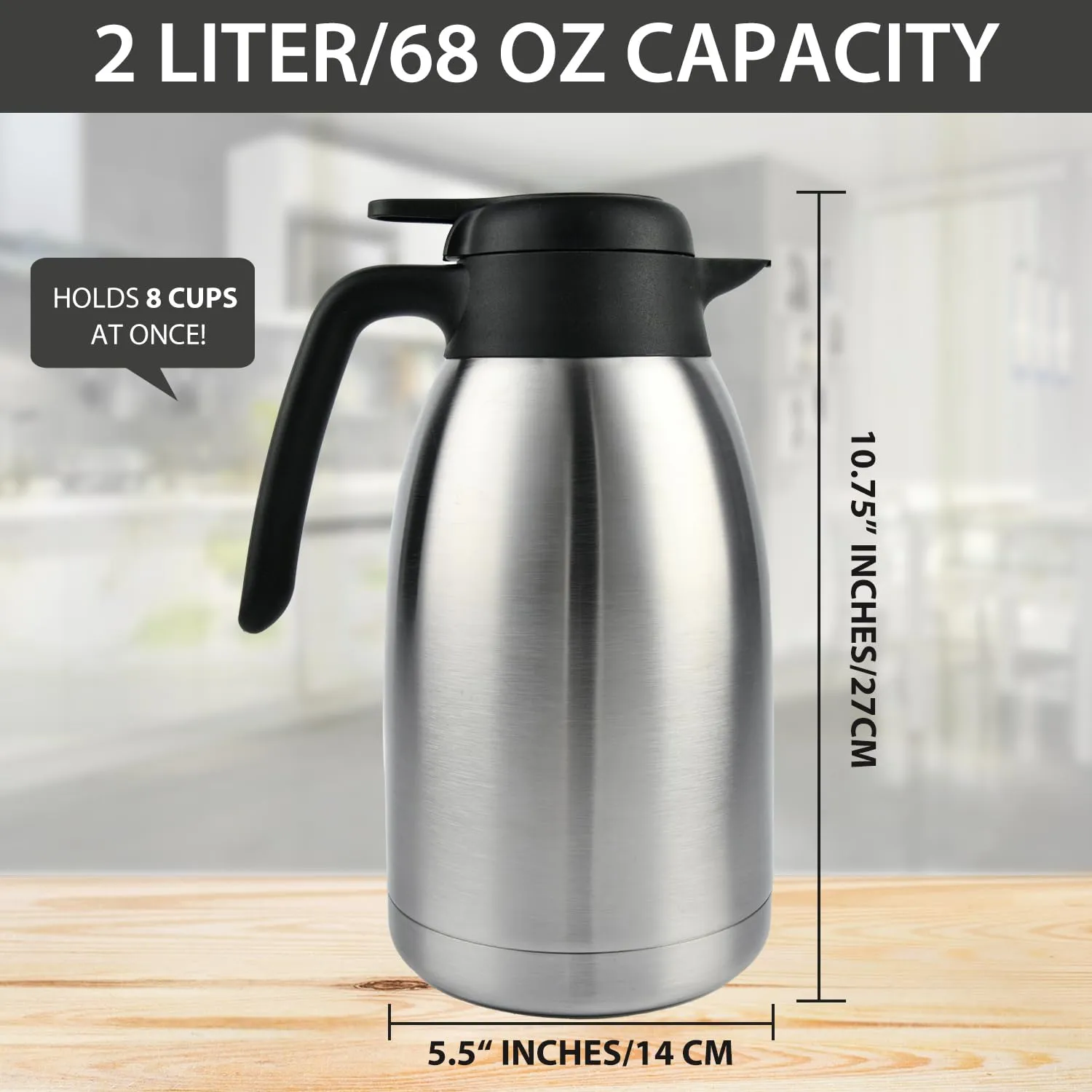 Heritage66 Thermal Coffee Carafe -Triple Wall Vacuum insulated Flask- Thermos keeping Beverages Hot for 12 hours /24 hours cold Tea, Water, and Coffee Dispenser (2 Liter/68Oz with Brush)