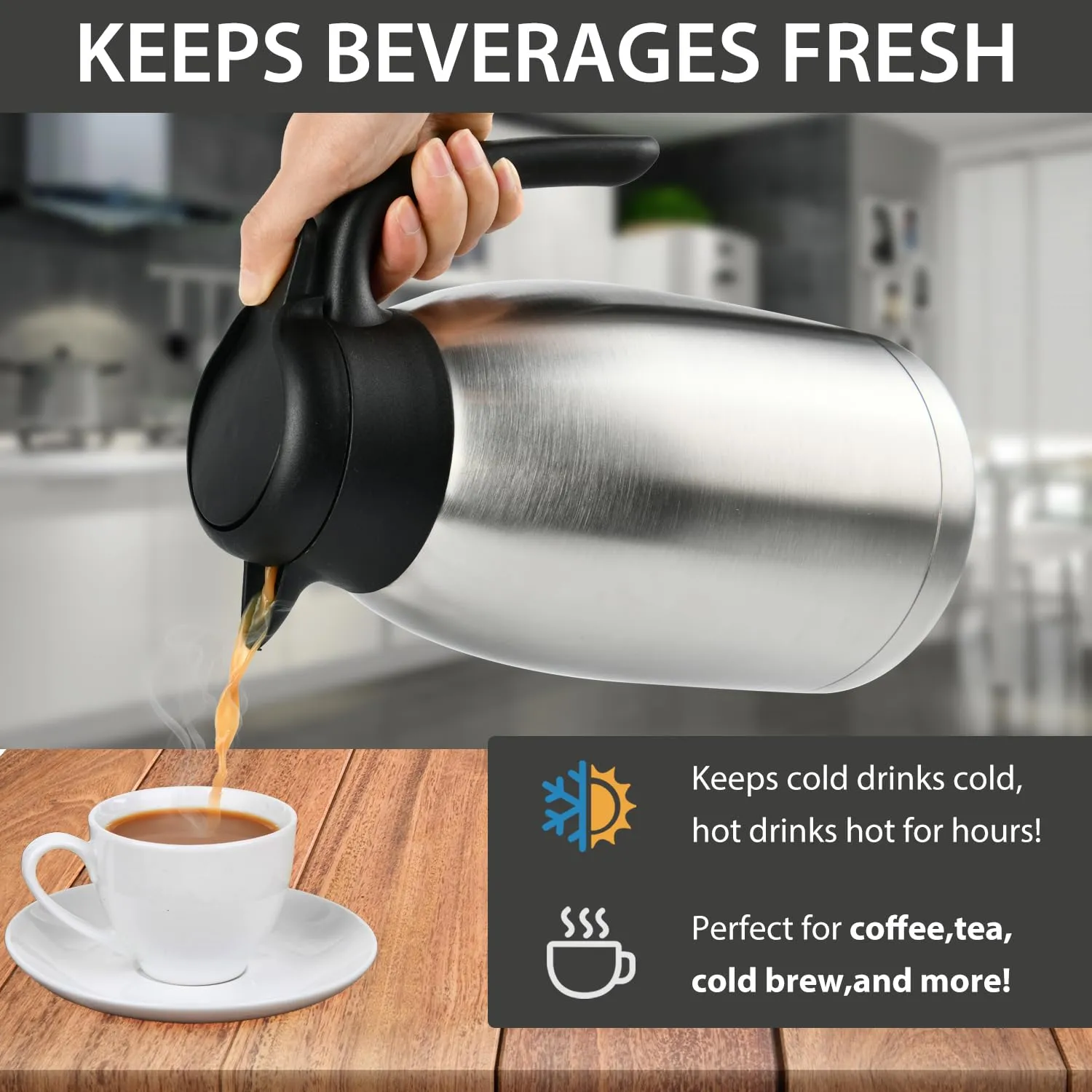 Heritage66 Thermal Coffee Carafe -Triple Wall Vacuum insulated Flask- Thermos keeping Beverages Hot for 12 hours /24 hours cold Tea, Water, and Coffee Dispenser (2 Liter/68Oz with Brush)