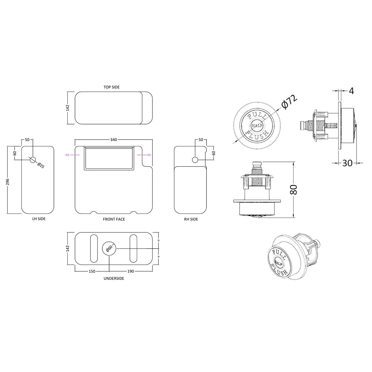 Hudson Reed Old London Universal Access Toilet Cistern and Flush Plate Side Inlet in Brushed Brass