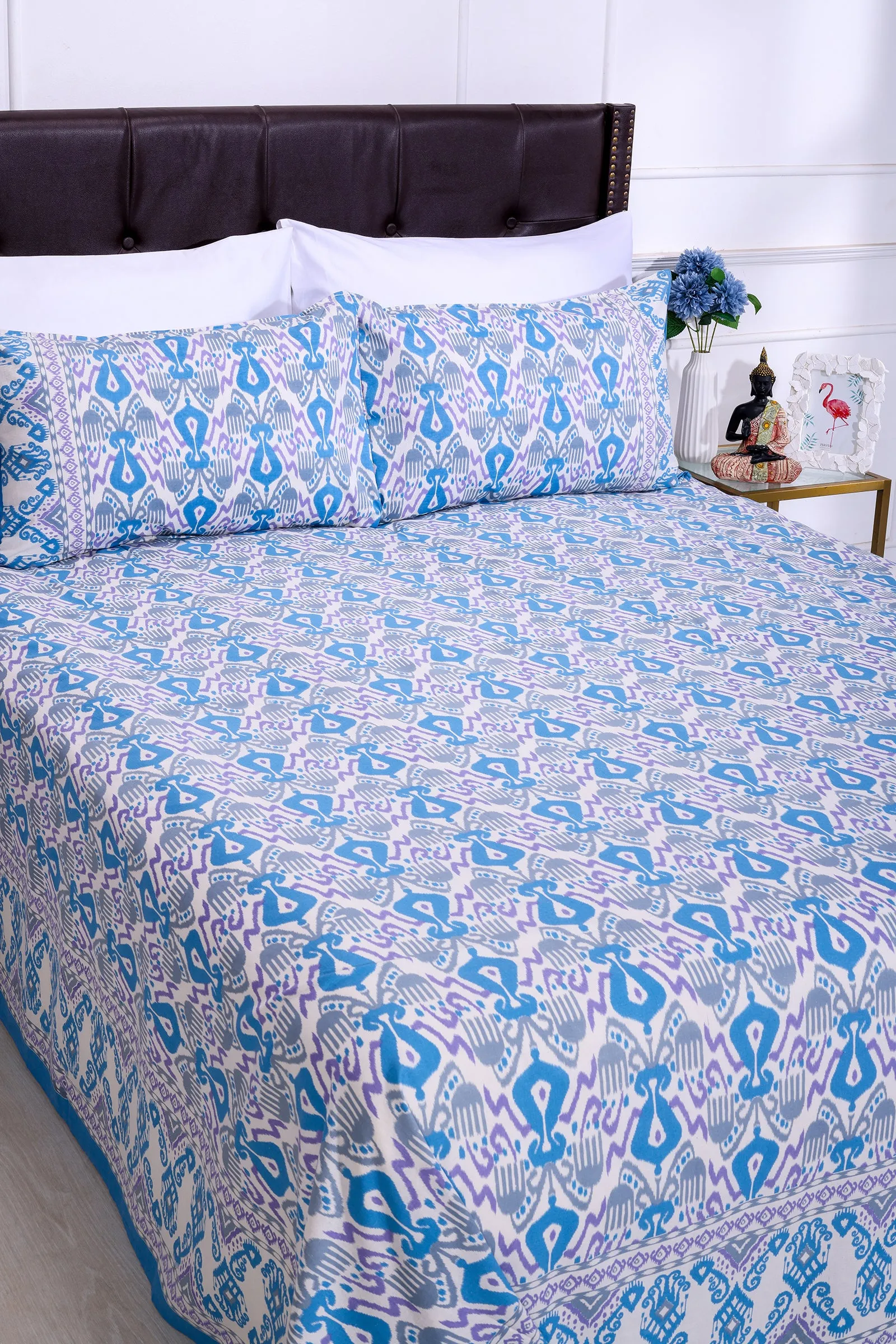 Ikkat Alfas Blue Cotton Bedsheet