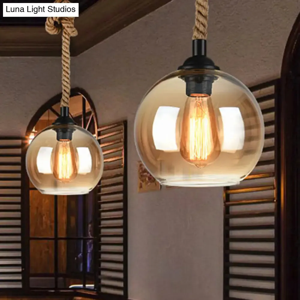 Industrial Amber/Clear Glass Ball Pendant Lamp for Restaurant Ceiling with Rope Rod