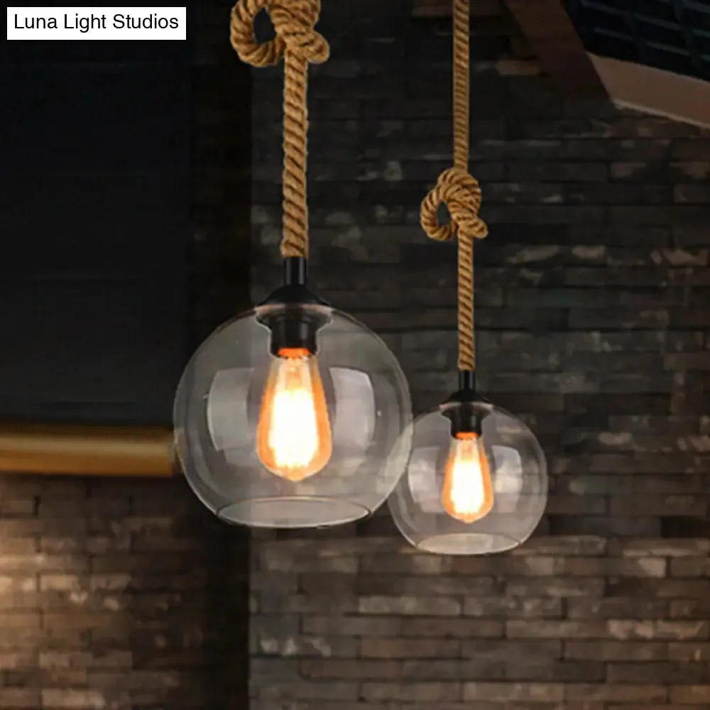 Industrial Amber/Clear Glass Ball Pendant Lamp for Restaurant Ceiling with Rope Rod