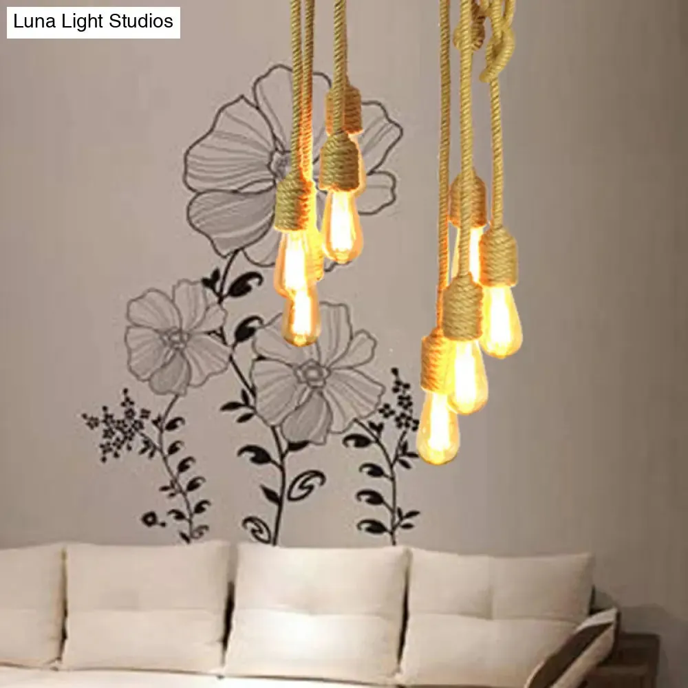 Industrial Bare Bulb Pendant Light - 4 Heads Rope Hanging Ceiling Lamp in Beige with Knots Design