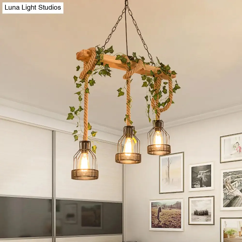 Industrial Metal Caged Island Pendant Light with Rope Hanging Lamp - Brown