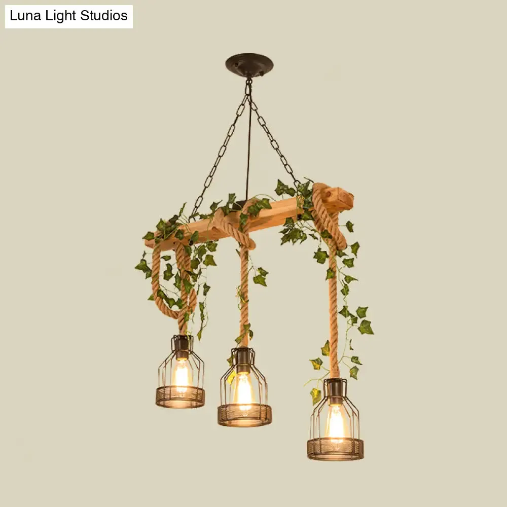 Industrial Metal Caged Island Pendant Light with Rope Hanging Lamp - Brown