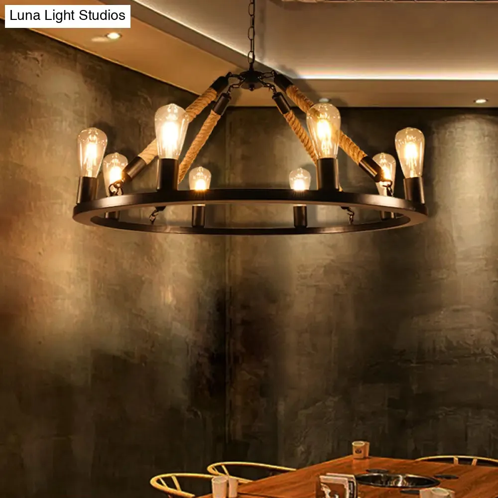 Industrial Metal Chandelier: Open Bulb 6/8-Light Rope Pendant Lamp, Black with Ring Design - Dining Room Lighting Fixture