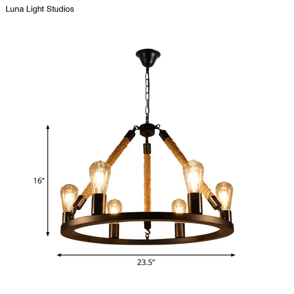 Industrial Metal Chandelier: Open Bulb 6/8-Light Rope Pendant Lamp, Black with Ring Design - Dining Room Lighting Fixture