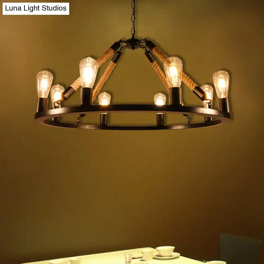 Industrial Metal Chandelier: Open Bulb 6/8-Light Rope Pendant Lamp, Black with Ring Design - Dining Room Lighting Fixture