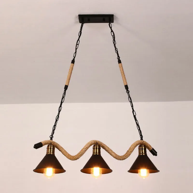 Industrial Metal Cone Island Pendant Light - Matte Black Finish with Twisted Rope Detailing