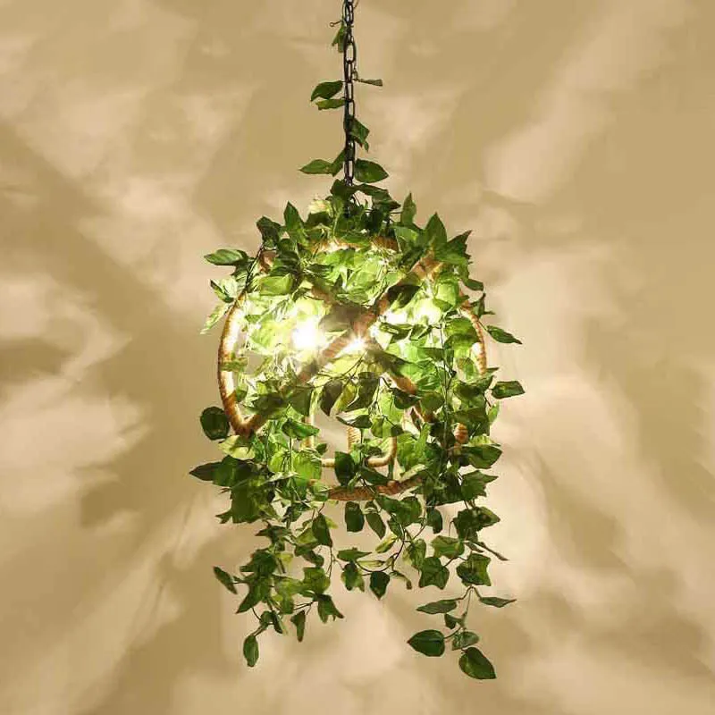 Industrial Vintage Simulation Of Greenery Cherry Blossoms Iron Hemp Rope 3-Light Chandelier