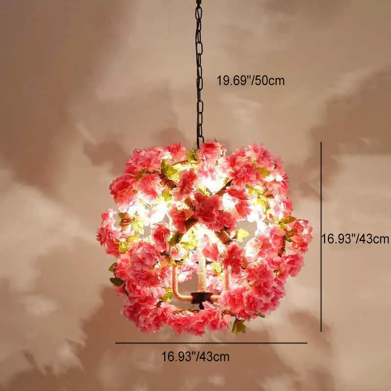 Industrial Vintage Simulation Of Greenery Cherry Blossoms Iron Hemp Rope 3-Light Chandelier