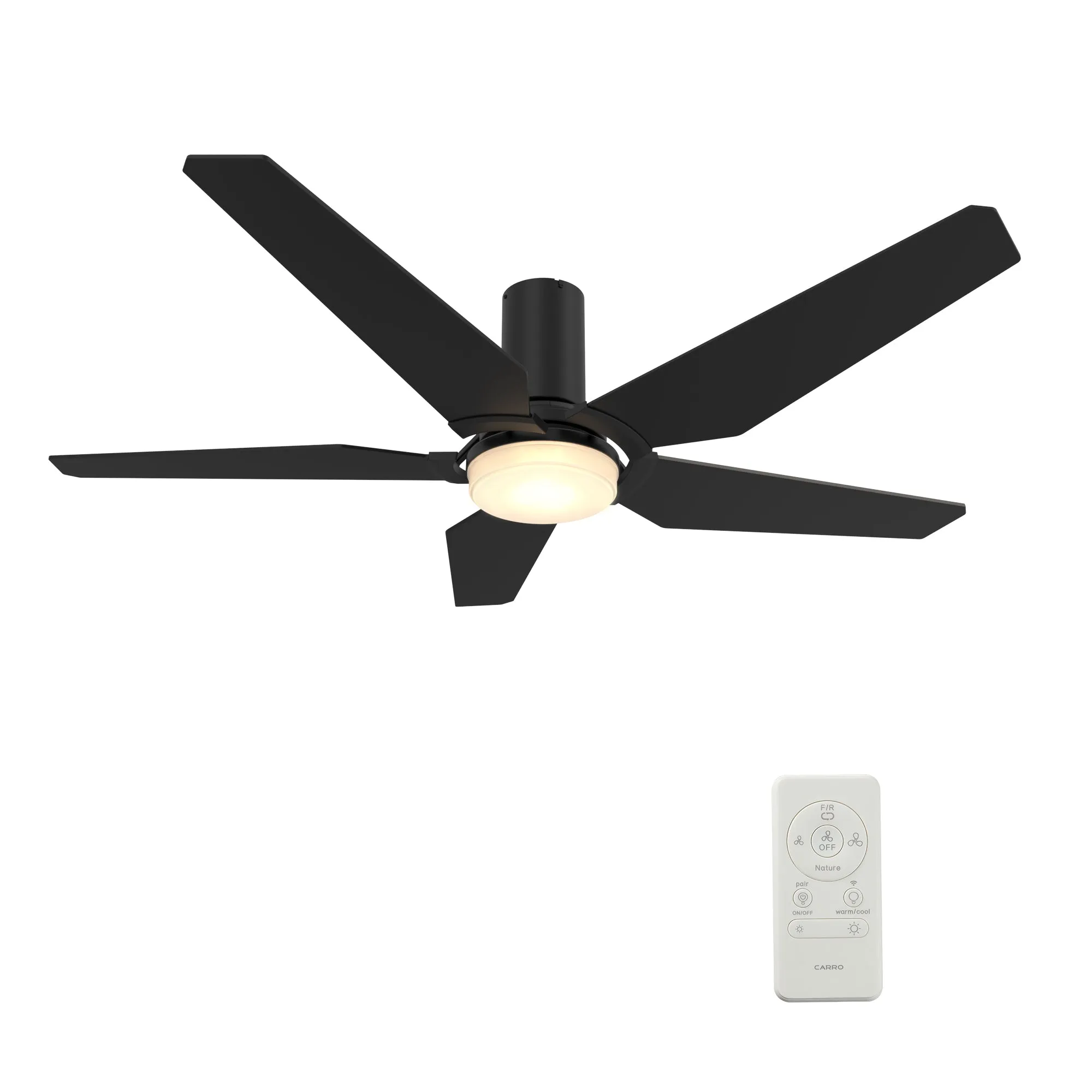 KAJ 52 inch Flush Mount 5-Blade Smart Ceiling Fan with LED Light Kit & Remote - Black/Black