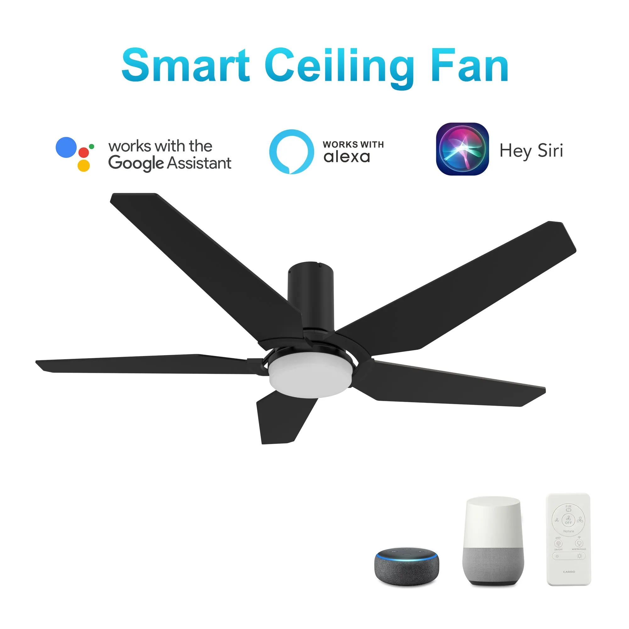 KAJ 52 inch Flush Mount 5-Blade Smart Ceiling Fan with LED Light Kit & Remote - Black/Black