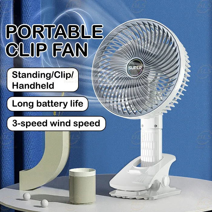 Kawachi 3-Speed 360° Rotating USB Rechargeable Wireless Electric Portable Clip Fan Handy Camping Desktop Office Table Cooling Fan- KAWY-7-White