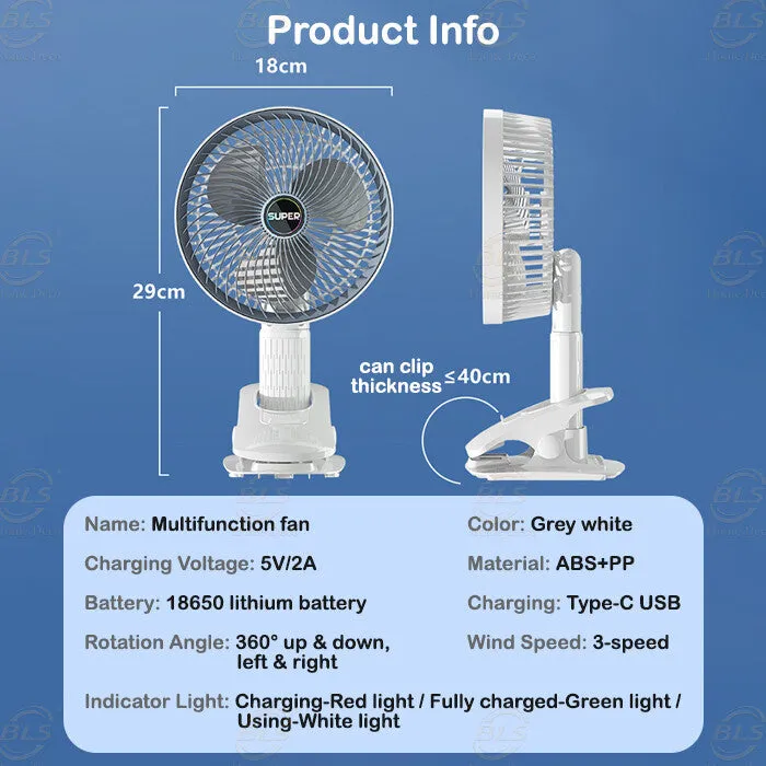 Kawachi 3-Speed 360° Rotating USB Rechargeable Wireless Electric Portable Clip Fan Handy Camping Desktop Office Table Cooling Fan- KAWY-7-White