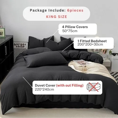 King size 6 Pieces bedding Set, Washable Cotton Black Color.